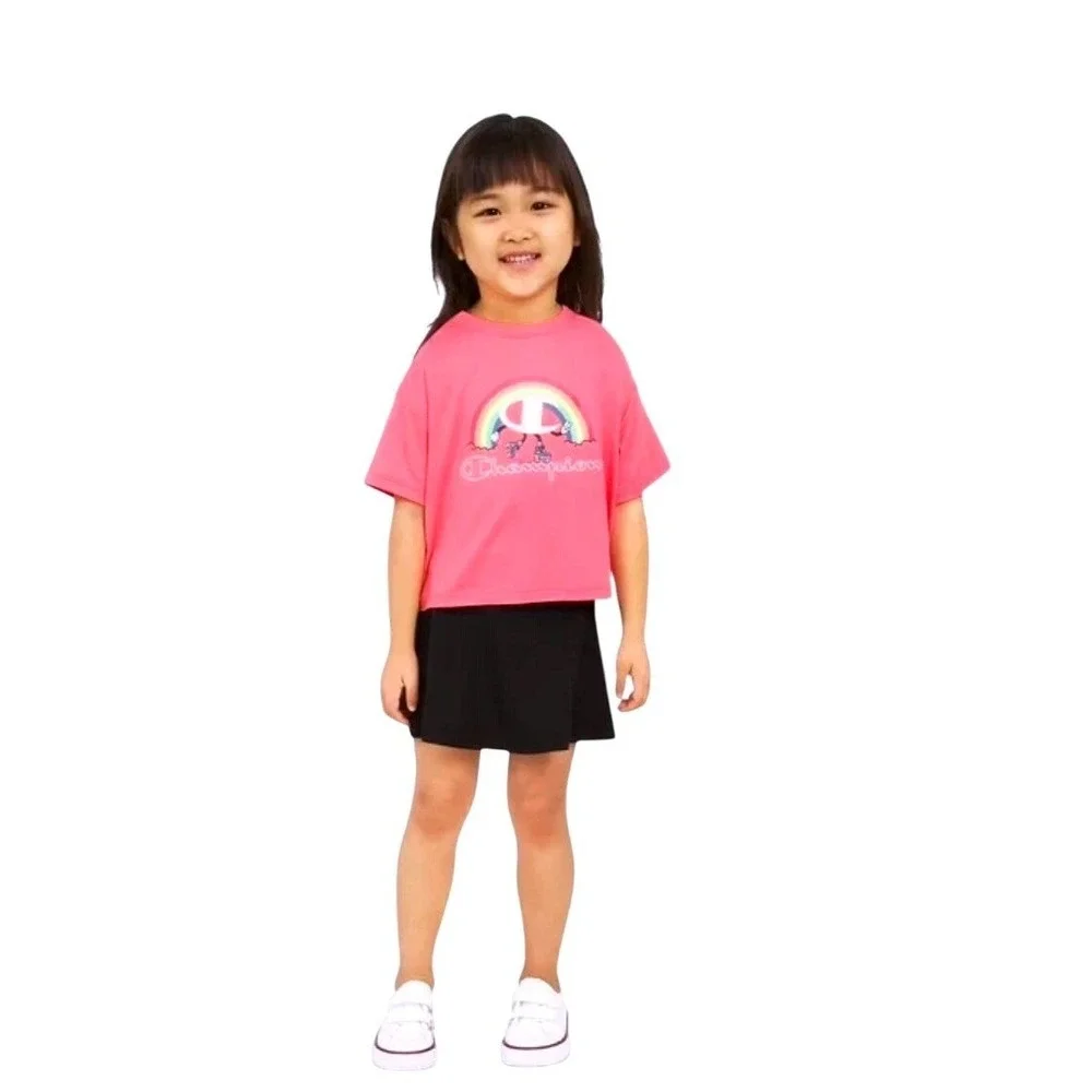 Champion Girls Pink Rainbow Roller Skates Tee and Black Skort 2-Piece Set Sz 2T